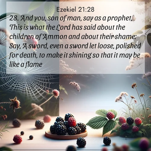 BasicEnglish Ezekiel  ; image nature: image with the bible verse :And you, son of man, say as a prophet, This is what the Lord has said about the children of Ammon and about their shame: Say, A sword, even a sword let loose, polished for death, to make it shining so that it may be like a flame: ; Admire our gallery of Bible verse images showcasing divine beauty in nature—whether snowy peaks or serene oceans. Each image is freely downloadable and perfect for personal or spiritual use. Share verses like KJV Ezekiel 21:28. Current verse is overlayed with the thematic nature scene : Wild blackberries ripen in secret hollows. Morning spider webs catch dew like diamonds. ; 21:28