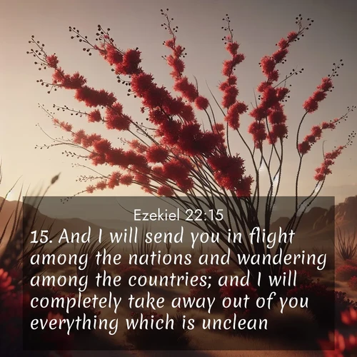 BasicEnglish Ezekiel  ; image nature: image with the bible verse :And I will send you in flight among the nations and wandering among the countries; and I will completely take away out of you everything which is unclean. ; Explore serene Bible verse images adorned with photos of divine creation—tranquil beaches, snowy mountains, and starry skies. Each image is free to download and share. Verses include KJV Ezekiel 22:15. Current verse is overlayed with the thematic nature scene : Desert ocotillo flames crimson red. Wind sings through thorny branches. ; 22:15