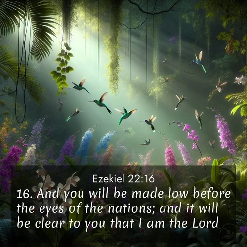 BasicEnglish Ezekiel  ; image nature: image with the bible verse :And you will be made low before the eyes of the nations; and it will be clear to you that I am the Lord. ; Discover beautiful Bible verse images enriched with natural landscapes, from serene beaches to cascading waterfalls. All images are free and ready to download. Share verses such as KJV Ezekiel 22:16. Current verse is overlayed with the thematic nature scene : Wild orchids bloom in a rainforest canopy. Hummingbirds dart between the delicate flowers. ; 22:16