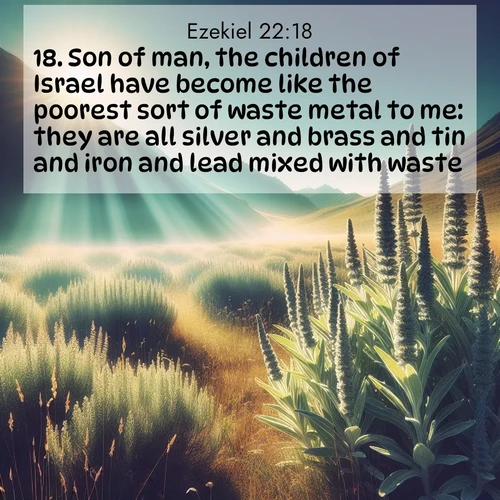BasicEnglish Ezekiel  ; image nature: image with the bible verse :Son of man, the children of Israel have become like the poorest sort of waste metal to me: they are all silver and brass and tin and iron and lead mixed with waste. ; Discover Bible verses beautifully integrated with natural scenes of varied seasons, featuring summer skies, winter snow, autumn leaves, and spring blooms. Each image captures the splendor and peace of God&#039;s creation. Share verses like KJV Ezekiel 22:18. Current verse is overlayed with the thematic nature scene : Summer heat brings out the scent of sage in mountain meadows. ; 22:18