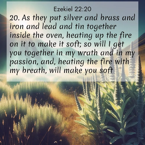 BasicEnglish Ezekiel  ; image nature: image with the bible verse :As they put silver and brass and iron and lead and tin together inside the oven, heating up the fire on it to make it soft; so will I get you together in my wrath and in my passion, and, heating the fire with my breath, will make you soft. ; Discover breathtaking Bible verse images combined with vibrant landscapes like rolling hills, blooming gardens, and starry nights. Use them as wallpapers or to inspire others. Download verses like KJV Ezekiel 22:20. Current verse is overlayed with the thematic nature scene : Summer heat brings out the scent of sage in mountain meadows. ; 22:20