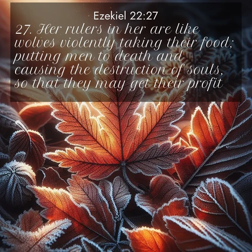 BasicEnglish Ezekiel  ; image nature: image with the bible verse :Her rulers in her are like wolves violently taking their food; putting men to death and causing the destruction of souls, so that they may get their profit. ; Admire Bible verse images featuring tranquil rivers, golden fields, and starry heavens. These free-to-download images make inspiring wallpapers or thoughtful gifts. Download KJV Ezekiel 22:27 now. Current verse is overlayed with the thematic nature scene : Autumn frost rims fallen leaves with crystal. ; 22:27