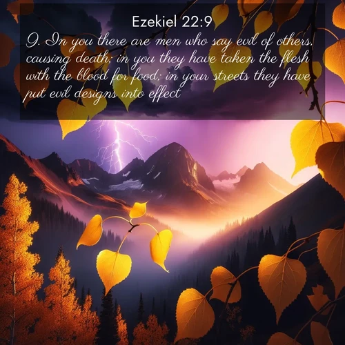 BasicEnglish Ezekiel  ; image nature: image with the bible verse :In you there are men who say evil of others, causing death; in you they have taken the flesh with the blood for food; in your streets they have put evil designs into effect. ; Admire stunning Bible verse images paired with photos of peaceful landscapes, such as foggy mornings, serene rivers, and blooming gardens. Download these free images and share verses like KJV Ezekiel 22:9. Current verse is overlayed with the thematic nature scene : Aspen leaves quake golden against purple storm clouds. Lightning flickers between mountain peaks. ; 22:9