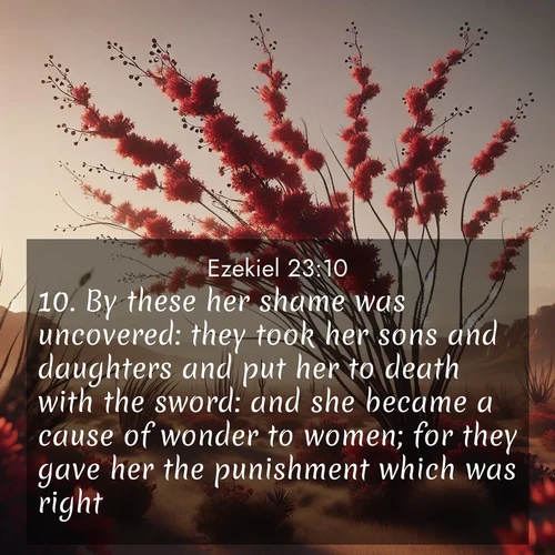 BasicEnglish Ezekiel  ; image nature: image with the bible verse :By these her shame was uncovered: they took her sons and daughters and put her to death with the sword: and she became a cause of wonder to women; for they gave her the punishment which was right. ; Browse our library of beautiful Bible verse images, perfect for wallpapers or sharing. Each verse is paired with serene natural landscapes like misty mountains, calming beaches, and colorful sunsets. Download and enjoy verses such as KJV Ezekiel 23:10. Current verse is overlayed with the thematic nature scene : Desert ocotillo flames crimson red. Wind sings through thorny branches. ; 23:10