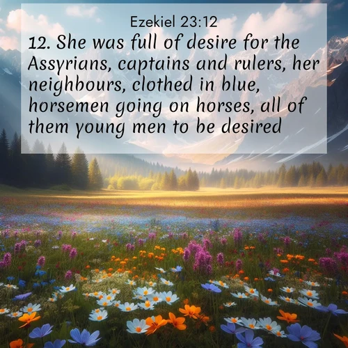 BasicEnglish Ezekiel  ; image nature: image with the bible verse :She was full of desire for the Assyrians, captains and rulers, her neighbours, clothed in blue, horsemen going on horses, all of them young men to be desired. ; Browse our collection of Bible verses paired with captivating photos of God’s creation, like crystal-clear lakes, majestic cliffs, and colorful skies. All images are free for download and sharing. Verse examples include KJV Ezekiel 23:12. Current verse is overlayed with the thematic nature scene : Spring wildflowers carpet an alpine meadow beneath snow-capped peaks. ; 23:12