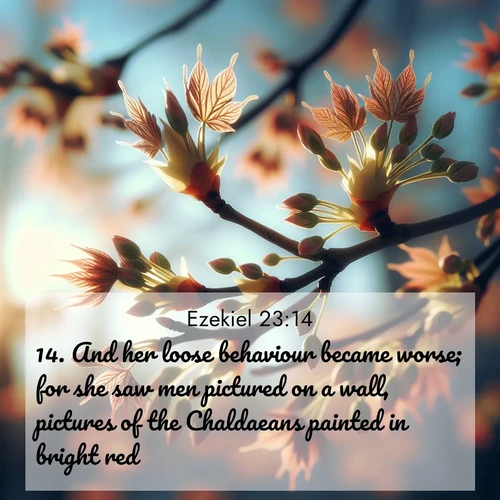 BasicEnglish Ezekiel  ; image nature: image with the bible verse :And her loose behaviour became worse; for she saw men pictured on a wall, pictures of the Chaldaeans painted in bright red, ; Explore a collection of free Bible verse images paired with serene landscapes like golden beaches, verdant forests, and clear blue skies. Each image is ideal for desktop or phone wallpapers. Share verses like KJV Ezekiel 23:14. Current verse is overlayed with the thematic nature scene : Spring buds burst open on maple branches against a blue sky. ; 23:14
