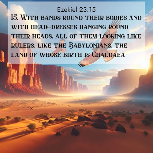 BasicEnglish Ezekiel  ; image nature: image with the bible verse :With bands round their bodies and with head-dresses hanging round their heads, all of them looking like rulers, like the Babylonians, the land of whose birth is Chaldaea. ; Explore a collection of Bible verses paired with springtime scenes, featuring blooming flowers, lush meadows, and trees in full bloom. These images symbolize divine renewal and hope. Download inspiring verses like KJV Ezekiel 23:15. Current verse is overlayed with the thematic nature scene : Desert hawks soar thermal currents. Red cliffs catch golden light. ; 23:15