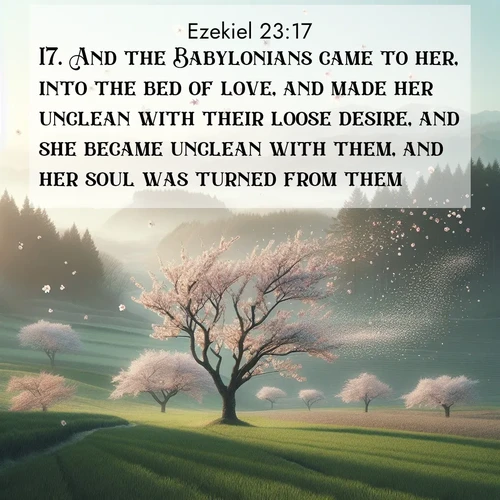 BasicEnglish Ezekiel  ; image nature: image with the bible verse :And the Babylonians came to her, into the bed of love, and made her unclean with their loose desire, and she became unclean with them, and her soul was turned from them. ; Explore Bible verse images highlighting the beauty of spring, with vibrant flowers, butterflies, and blossoming fruit trees. These scenes evoke divine hope and renewal. Download inspiring verses like KJV Ezekiel 23:17. Current verse is overlayed with the thematic nature scene : Spring winds scatter cherry blossoms like snow. ; 23:17