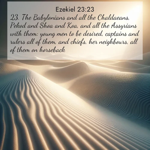 BasicEnglish Ezekiel  ; image nature: image with the bible verse :The Babylonians and all the Chaldaeans, Pekod and Shoa and Koa, and all the Assyrians with them: young men to be desired, captains and rulers all of them, and chiefs, her neighbours, all of them on horseback. ; Explore a stunning collection of Bible verse images featuring picturesque scenery like sun-drenched meadows, tranquil lakes, and majestic forests. All images are free to download and share. Verses include KJV Ezekiel 23:23. Current verse is overlayed with the thematic nature scene : Sand ripples stretch endlessly across white gypsum dunes. ; 23:23