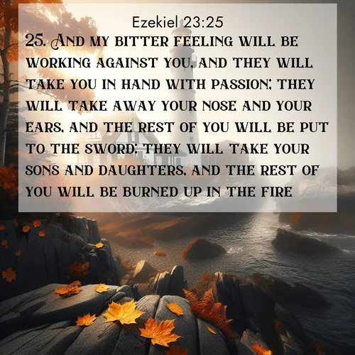 BasicEnglish Ezekiel  ; image nature: image with the bible verse :And my bitter feeling will be working against you, and they will take you in hand with passion; they will take away your nose and your ears, and the rest of you will be put to the sword: they will take your sons and daughters, and the rest of you will be burned up in the fire. ; Discover breathtaking Bible verse images combined with vibrant landscapes like rolling hills, blooming gardens, and starry nights. Use them as wallpapers or to inspire others. Download verses like KJV Ezekiel 23:25. Current verse is overlayed with the thematic nature scene : Autumn fog shrouds a lighthouse on rocky shores. ; 23:25