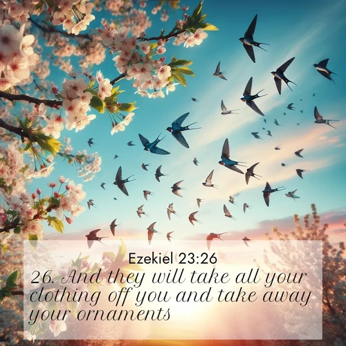 BasicEnglish Ezekiel  ; image nature: image with the bible verse :And they will take all your clothing off you and take away your ornaments. ; Explore a collection of inspiring Bible verse images accompanied by winter photos, such as snowy landscapes, frosted trees, and frozen lakes. These images reflect the peace and purity of God&#039;s creation, with elegant fonts and luminous colors. Download and share verses like KJV Ezekiel 23:26. Current verse is overlayed with the thematic nature scene : Spring migration fills the sky with countless swallows. ; 23:26