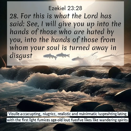 BasicEnglish Ezekiel  ; image nature: image with the bible verse :For this is what the Lord has said: See, I will give you up into the hands of those who are hated by you, into the hands of those from whom your soul is turned away in disgust: ; Discover Bible images capturing the essence of autumn, with wooded paths, golden fields, and swirling leaves. These scenes reflect the changing beauty of God&#039;s creation. Download verses like KJV Ezekiel 23:28. Current verse is overlayed with the thematic nature scene : Wild salmon leap ancient rapids. Mist rises like spirits at dawn. ; 23:28