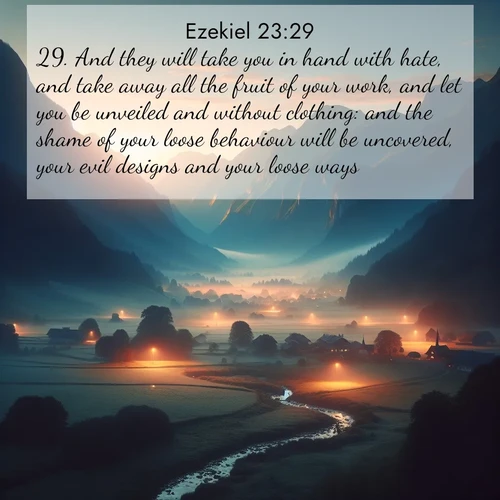 BasicEnglish Ezekiel  ; image nature: image with the bible verse :And they will take you in hand with hate, and take away all the fruit of your work, and let you be unveiled and without clothing: and the shame of your loose behaviour will be uncovered, your evil designs and your loose ways. ; Discover inspiring Bible verse images featuring natural wonders like lush forests, sunny horizons, and cascading waterfalls. Perfect for wallpapers or spiritual encouragement. Download verses like KJV Ezekiel 23:29. Current verse is overlayed with the thematic nature scene : Morning mist rises from valley streams. Birdsong heralds the dawn chorus. ; 23:29