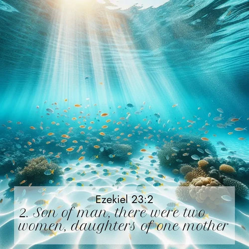 BasicEnglish Ezekiel  ; image nature: image with the bible verse :Son of man, there were two women, daughters of one mother: ; Explore a collection of Bible verses paired with springtime scenes, featuring blooming flowers, lush meadows, and trees in full bloom. These images symbolize divine renewal and hope. Download inspiring verses like KJV Ezekiel 23:2. Current verse is overlayed with the thematic nature scene : Reef fish swirl in perfect formation through crystal waters. Sunlight creates shifting patterns on white sand below. ; 23:2