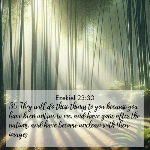 BasicEnglish Ezekiel  ; image nature: image with the bible verse :They will do these things to you because you have been untrue to me, and have gone after the nations, and have become unclean with their images. ; Explore a collection of inspiring Bible verse images accompanied by winter photos, such as snowy landscapes, frosted trees, and frozen lakes. These images reflect the peace and purity of God&#039;s creation, with elegant fonts and luminous colors. Download and share verses like KJV Ezekiel 23:30. Current verse is overlayed with the thematic nature scene : Bamboo forests cast striped shadows while a gentle rain patters on broad leaves. ; 23:30