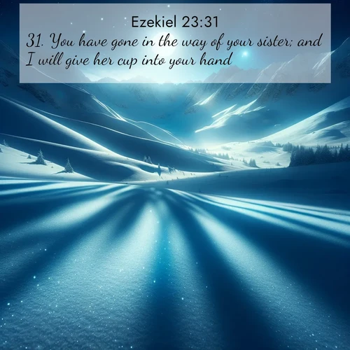 BasicEnglish Ezekiel  ; image nature: image with the bible verse :You have gone in the way of your sister; and I will give her cup into your hand. ; Browse high-resolution Bible verse images featuring stunning nature photography, such as radiant sunsets, tranquil rivers, and blooming fields. Perfect for wallpapers or sharing on social media. Download KJV Ezekiel 23:31. Current verse is overlayed with the thematic nature scene : Moonlight illuminates the snowy mountain peaks, casting blue shadows across untouched powder. ; 23:31