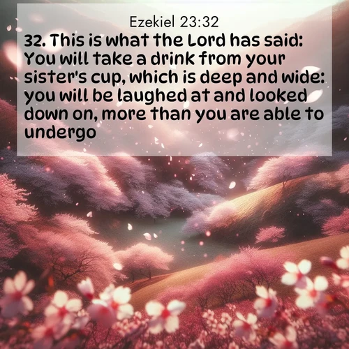 BasicEnglish Ezekiel  ; image nature: image with the bible verse :This is what the Lord has said: You will take a drink from your sister&#039;s cup, which is deep and wide: you will be laughed at and looked down on, more than you are able to undergo. ; Discover a unique collection of Bible verses adorned with winter landscapes, such as snow-covered forests, gently falling snowflakes, and pristine mountains. These images evoke the peace and purity of God&#039;s creation. Share verses like KJV Ezekiel 23:32. Current verse is overlayed with the thematic nature scene : Cherry blossoms blanket the hillside in soft pink snow, swirling through the air like nature&#039;s confetti. ; 23:32