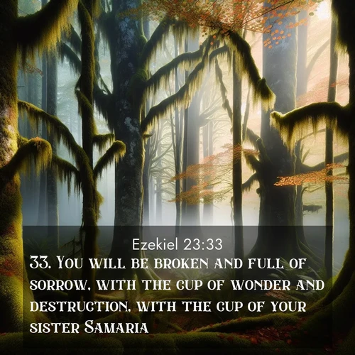 BasicEnglish Ezekiel  ; image nature: image with the bible verse :You will be broken and full of sorrow, with the cup of wonder and destruction, with the cup of your sister Samaria. ; Discover beautiful Bible verse images that combine inspiring scripture with captivating nature photos. Download high-quality images featuring lush valleys, peaceful streams, and endless horizons like KJV Ezekiel 23:33. Current verse is overlayed with the thematic nature scene : Autumn fog shrouds an old-growth forest draped in moss and lichen. ; 23:33