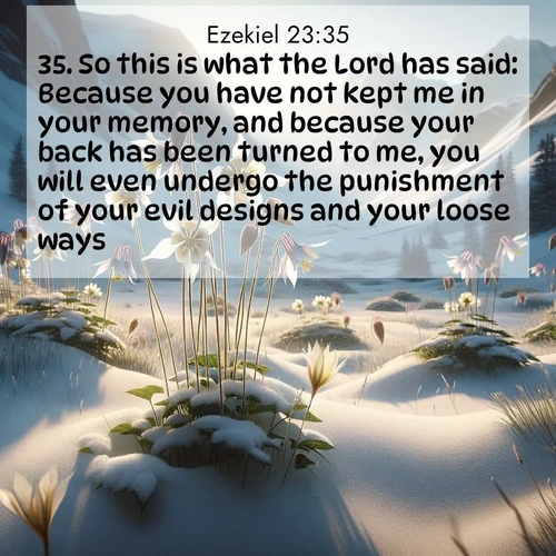 BasicEnglish Ezekiel  ; image nature: image with the bible verse :So this is what the Lord has said: Because you have not kept me in your memory, and because your back has been turned to me, you will even undergo the punishment of your evil designs and your loose ways. ; Explore our gallery of inspiring Bible verse images showcasing divine beauty through nature. Download scenic images like snowy peaks, lush meadows, or radiant sunsets paired with verses like KJV Ezekiel 23:35. Current verse is overlayed with the thematic nature scene : Wild columbines nod in alpine breeze. Glacier lilies dot snowy meadows. ; 23:35