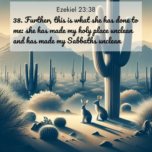 BasicEnglish Ezekiel  ; image nature: image with the bible verse :Further, this is what she has done to me: she has made my holy place unclean and has made my Sabbaths unclean. ; Explore a collection of inspiring Bible verse images accompanied by winter photos, such as snowy landscapes, frosted trees, and frozen lakes. These images reflect the peace and purity of God&#039;s creation, with elegant fonts and luminous colors. Download and share verses like KJV Ezekiel 23:38. Current verse is overlayed with the thematic nature scene : Desert jackrabbits pause in saguaro shade. Heat waves distort distant peaks. ; 23:38