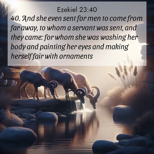BasicEnglish Ezekiel  ; image nature: image with the bible verse :And she even sent for men to come from far away, to whom a servant was sent, and they came: for whom she was washing her body and painting her eyes and making herself fair with ornaments. ; Admire Bible images evoking autumn, with warm colors of fallen leaves, harvested fields, and tranquil woods. These inspiring landscapes reflect the transition and beauty of God&#039;s creation. Download verses like KJV Ezekiel 23:40. Current verse is overlayed with the thematic nature scene : Desert bighorns drink from hidden springs. Time flows like water through stone. ; 23:40