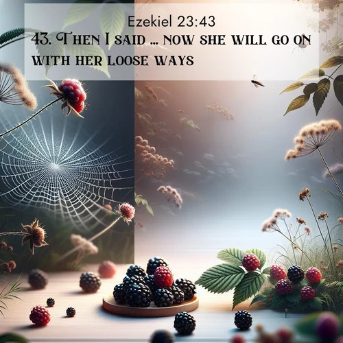 BasicEnglish Ezekiel  ; image nature: image with the bible verse :Then I said ... now she will go on with her loose ways. ; Access a vast collection of Bible verse images illustrated with natural landscapes like calm rivers, blooming fields, and bright horizons. These images emphasize the serenity and splendor of God&#039;s creation, accompanied by aesthetic fonts and joyful colors. Download verses like KJV Ezekiel 23:43 and share them. Current verse is overlayed with the thematic nature scene : Wild blackberries ripen in secret hollows. Morning spider webs catch dew like diamonds. ; 23:43