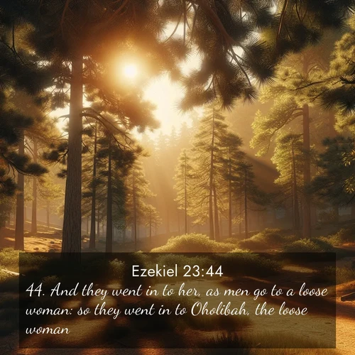 BasicEnglish Ezekiel  ; image nature: image with the bible verse :And they went in to her, as men go to a loose woman: so they went in to Oholibah, the loose woman. ; Admire Bible verse images illustrated by summer photos, such as sunny beaches, sparkling waves, and swaying palm trees. These bright scenes highlight the joy and warmth of God&#039;s creation. Download and share verses like KJV Ezekiel 23:44. Current verse is overlayed with the thematic nature scene : Summer heat brings out the scent of pine needles. ; 23:44