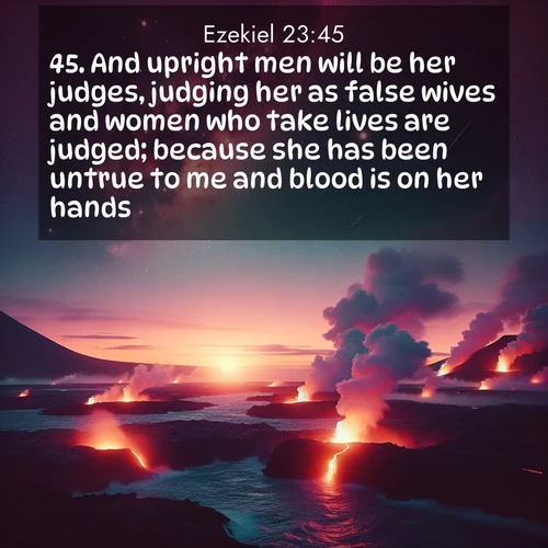 BasicEnglish Ezekiel  ; image nature: image with the bible verse :And upright men will be her judges, judging her as false wives and women who take lives are judged; because she has been untrue to me and blood is on her hands. ; Discover our curated gallery of Bible verse images with breathtaking scenery, from tranquil deserts to lush green pastures. Perfect for phone wallpapers or sharing online. Download verses like KJV Ezekiel 23:45. Current verse is overlayed with the thematic nature scene : Lava flows meet the ocean at twilight, sending plumes of steam skyward. Stars emerge one by one above the cosmic display. ; 23:45