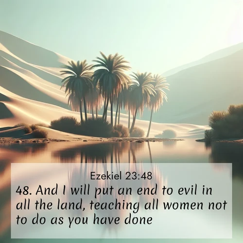 BasicEnglish Ezekiel  ; image nature: image with the bible verse :And I will put an end to evil in all the land, teaching all women not to do as you have done. ; Discover inspiring Bible verse images featuring natural wonders like lush forests, sunny horizons, and cascading waterfalls. Perfect for wallpapers or spiritual encouragement. Download verses like KJV Ezekiel 23:48. Current verse is overlayed with the thematic nature scene : A desert oasis shimmers in the midday heat, palm fronds rustling above still waters. ; 23:48