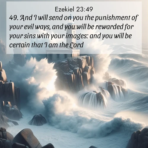 BasicEnglish Ezekiel  ; image nature: image with the bible verse :And I will send on you the punishment of your evil ways, and you will be rewarded for your sins with your images: and you will be certain that I am the Lord. ; Discover Bible images capturing the essence of autumn, with wooded paths, golden fields, and swirling leaves. These scenes reflect the changing beauty of God&#039;s creation. Download verses like KJV Ezekiel 23:49. Current verse is overlayed with the thematic nature scene : Winter storms send massive waves crashing against lighthouse rocks. ; 23:49