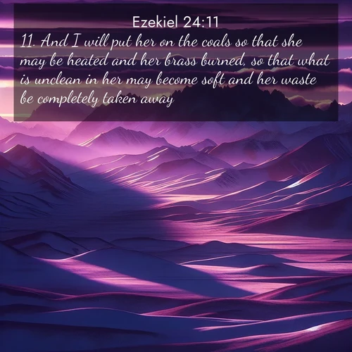 BBE Ezekiel 24:11 overlaying nature image scene: Morning light ignites mountain snow. Valleys sleep in purple shadow.;11. And I will put her on the coals so that she may be heated and her brass burned, so that what is unclean in her may become soft and her waste be completely taken away.
