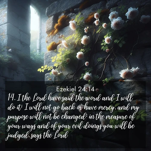 BBE Ezekiel 24:14 overlaying nature image scene: Wild roses climb abandoned stone walls. Time stands still in the secret garden.;14. I the Lord have said the word and I will do it; I will not go back or have mercy, and my purpose will not be changed; in the measure of your ways and of your evil doings you will be judged, says the Lord.