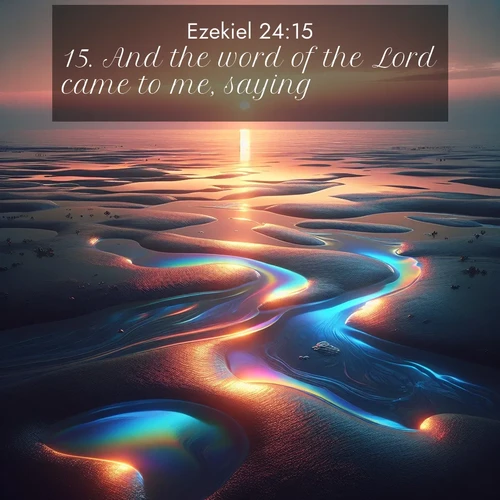 BBE Ezekiel 24:15 overlaying nature image scene: Tidal pools reflect sunset colors at low tide.;15. And the word of the Lord came to me, saying,