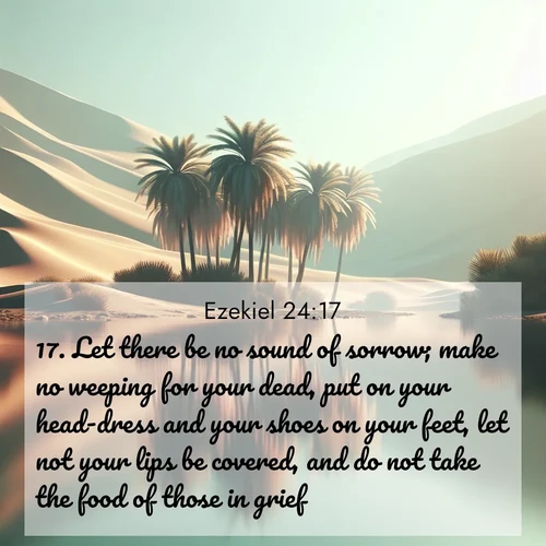 BBE Ezekiel 24:17 overlaying nature image scene: A desert oasis shimmers in the midday heat, palm fronds rustling above still waters.;17. Let there be no sound of sorrow; make no weeping for your dead, put on your head-dress and your shoes on your feet, let not your lips be covered, and do not take the food of those in grief.