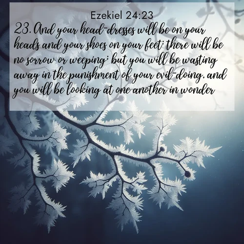 BBE Ezekiel 24:23 overlaying nature image scene: Winter frost coats bare branches in delicate crystal.;23. And your head-dresses will be on your heads and your shoes on your feet: there will be no sorrow or weeping; but you will be wasting away in the punishment of your evil-doing, and you will be looking at one another in wonder.