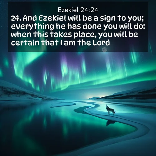 BBE Ezekiel 24:24 overlaying nature image scene: Northern lights dance across a frozen lake in ribbons of green and purple. A lone wolf howls from the distant shore.;24. And Ezekiel will be a sign to you; everything he has done you will do: when this takes place, you will be certain that I am the Lord.