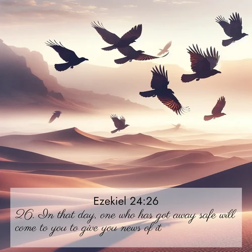 BBE Ezekiel 24:26 overlaying nature image scene: Desert ravens soar on thermal currents. Their wings wear shadows like cloaks.;26. In that day, one who has got away safe will come to you to give you news of it.