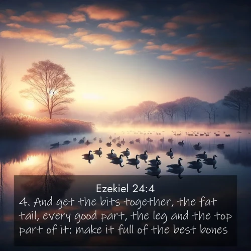 BBE Ezekiel 24:4 overlaying nature image scene: Wild geese rest on still waters. Dawn mist rises like dreams.;4. And get the bits together, the fat tail, every good part, the leg and the top part of it: make it full of the best bones.
