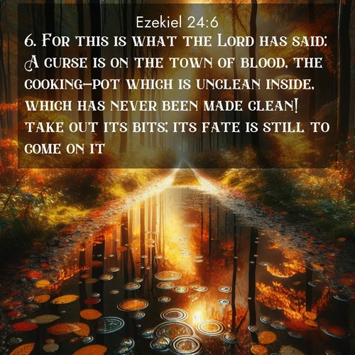 BBE Ezekiel 24:6 overlaying nature image scene: Autumn colors reflect in rain puddles on a forest path.;6. For this is what the Lord has said: A curse is on the town of blood, the cooking-pot which is unclean inside, which has never been made clean! take out its bits; its fate is still to come on it.