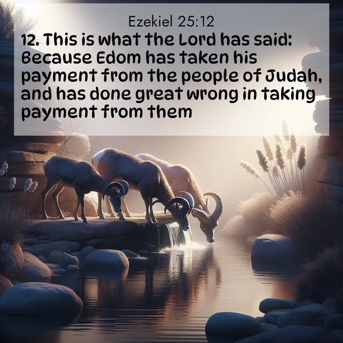 BasicEnglish Ezekiel  ; image nature: image with the bible verse :This is what the Lord has said: Because Edom has taken his payment from the people of Judah, and has done great wrong in taking payment from them; ; Dive into a gallery of Bible verses illustrated by tropical beach scenes, featuring sparkling waves, seashells, and radiant sunrises. These images evoke divine peace and joy. Download and share inspiring verses like KJV Ezekiel 25:12. Current verse is overlayed with the thematic nature scene : Desert bighorns drink from hidden springs. Time flows like water through stone. ; 25:12
