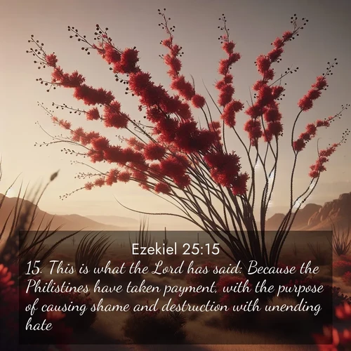 BasicEnglish Ezekiel  ; image nature: image with the bible verse :This is what the Lord has said: Because the Philistines have taken payment, with the purpose of causing shame and destruction with unending hate; ; Browse a large collection of Bible verse images with photos showcasing the splendor of nature. Scenes of peaceful rivers, verdant valleys, and radiant skies enhance the inspiring verses. Each image reflects the serenity and joy of God&#039;s creation, with elegant text fonts. Download and share verses such as KJV Ezekiel 25:15. Current verse is overlayed with the thematic nature scene : Desert ocotillo flames crimson red. Wind sings through thorny branches. ; 25:15