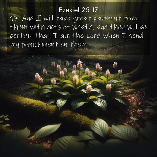 BasicEnglish Ezekiel  ; image nature: image with the bible verse :And I will take great payment from them with acts of wrath; and they will be certain that I am the Lord when I send my punishment on them. ; Admire Bible verse images capturing the beauty of beaches, with turquoise waters, palm trees, and peaceful shores. These soothing scenes reflect God&#039;s serenity and majesty. Download and share verses like KJV Ezekiel 25:17. Current verse is overlayed with the thematic nature scene : Wild ginger blooms hidden in forest shadows. Filtered sunlight reveals their secret beauty. ; 25:17