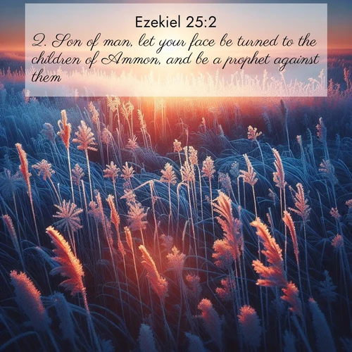 BasicEnglish Ezekiel  ; image nature: image with the bible verse :Son of man, let your face be turned to the children of Ammon, and be a prophet against them: ; Discover tranquil Bible verse images enhanced with natural scenery like rippling brooks, snow-covered fields, and sunlit beaches. These free images are perfect for wallpapers or spiritual reflection. Share KJV Ezekiel 25:2. Current verse is overlayed with the thematic nature scene : Winter sunrise illuminates frost-covered prairie grass. ; 25:2