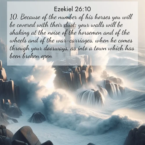 BasicEnglish Ezekiel  ; image nature: image with the bible verse :Because of the number of his horses you will be covered with their dust: your walls will be shaking at the noise of the horsemen and of the wheels and of the war-carriages, when he comes through your doorways, as into a town which has been broken open. ; Discover Bible images adorned with spring landscapes, like tulip fields, cherry blossoms, and green hills. These bright scenes symbolize God&#039;s renewal and grace. Download verses like KJV Ezekiel 26:10. Current verse is overlayed with the thematic nature scene : Winter storms send massive waves crashing against lighthouse rocks. ; 26:10