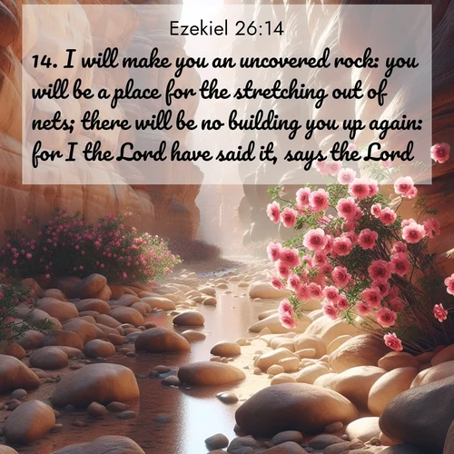 BasicEnglish Ezekiel  ; image nature: image with the bible verse :I will make you an uncovered rock: you will be a place for the stretching out of nets; there will be no building you up again: for I the Lord have said it, says the Lord. ; Admire our free collection of Bible verse images with beautiful landscapes like sunlit forests, rippling waters, and radiant dawns. Each verse, such as KJV Ezekiel 26:14, is ready to download and share. Current verse is overlayed with the thematic nature scene : Desert roses bloom in a hidden canyon after rare rainfall. Their pink petals contrast against weathered sandstone walls. ; 26:14