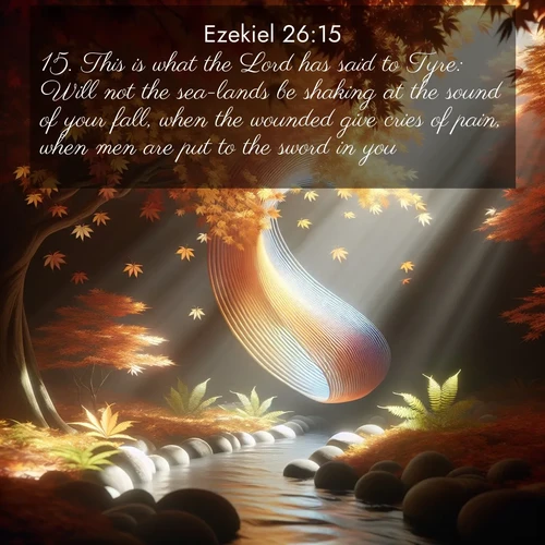 BasicEnglish Ezekiel  ; image nature: image with the bible verse :This is what the Lord has said to Tyre: Will not the sea-lands be shaking at the sound of your fall, when the wounded give cries of pain, when men are put to the sword in you? ; Browse a gallery of Bible verses paired with summer scenes, such as golden wheat fields, bright skies, and sunny beaches. These images convey the joy and warmth of God&#039;s creation. Download and share verses like KJV Ezekiel 26:15. Current verse is overlayed with the thematic nature scene : Autumn leaves spiral through shafts of light. A hidden stream provides gentle music. ; 26:15