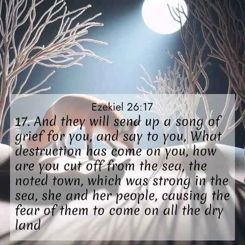 BasicEnglish Ezekiel  ; image nature: image with the bible verse :And they will send up a song of grief for you, and say to you, What destruction has come on you, how are you cut off from the sea, the noted town, which was strong in the sea, she and her people, causing the fear of them to come on all the dry land! ; Explore winter-themed Bible verse images illustrated by snowy mountains, frost-covered branches, and clear skies. These landscapes reflect divine purity and peace. Download verses like KJV Ezekiel 26:17. Current verse is overlayed with the thematic nature scene : A red fox hunts through pristine snow. Moon shadows dance between bare trees. ; 26:17