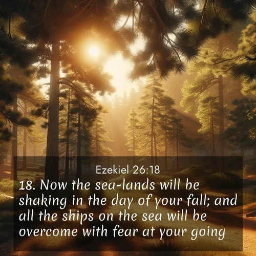 BasicEnglish Ezekiel  ; image nature: image with the bible verse :Now the sea-lands will be shaking in the day of your fall; and all the ships on the sea will be overcome with fear at your going. ; Download stunning Bible verse images paired with nature scenes like rolling clouds, sparkling waters, and vibrant flower fields. These free images are perfect for spiritual reflection or wallpaper use. Share KJV Ezekiel 26:18. Current verse is overlayed with the thematic nature scene : Summer heat brings out the scent of pine needles. ; 26:18