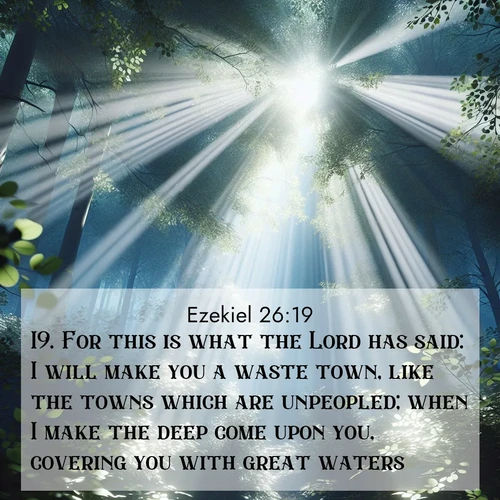BasicEnglish Ezekiel  ; image nature: image with the bible verse :For this is what the Lord has said: I will make you a waste town, like the towns which are unpeopled; when I make the deep come upon you, covering you with great waters. ; Discover our unique collection of Bible verse images integrated with photos showcasing the majesty of nature, such as rocky mountains, ancient trees, and crystal-clear lakes. These images feature luminous colors and text in varied fonts, reflecting the harmony of God&#039;s creation. Download verses like KJV Ezekiel 26:19. Current verse is overlayed with the thematic nature scene : Summer light filters through forest canopy like stained glass. ; 26:19