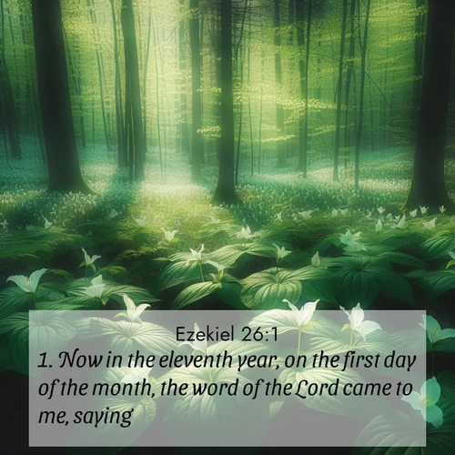 BasicEnglish Ezekiel  ; image nature: image with the bible verse :Now in the eleventh year, on the first day of the month, the word of the Lord came to me, saying, ; Browse a gallery of Bible verses paired with summer scenes, such as golden wheat fields, bright skies, and sunny beaches. These images convey the joy and warmth of God&#039;s creation. Download and share verses like KJV Ezekiel 26:1. Current verse is overlayed with the thematic nature scene : Wild trillium dots the forest floor. Green light filters through spring leaves. ; 26:1